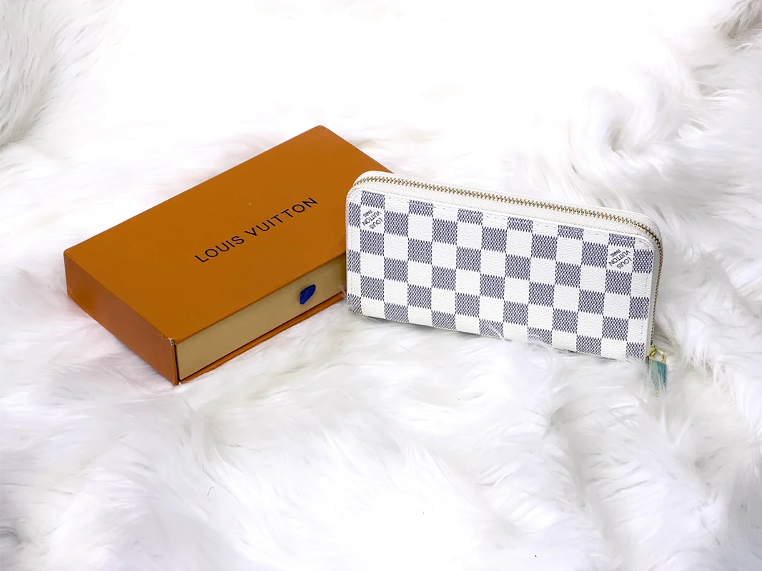 White Checkerboard Zip Around Long Wallet with Multiple Compartments
