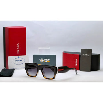 Prada Black Brown Rectangular Sunglasses with Iconic Metal Plaque
