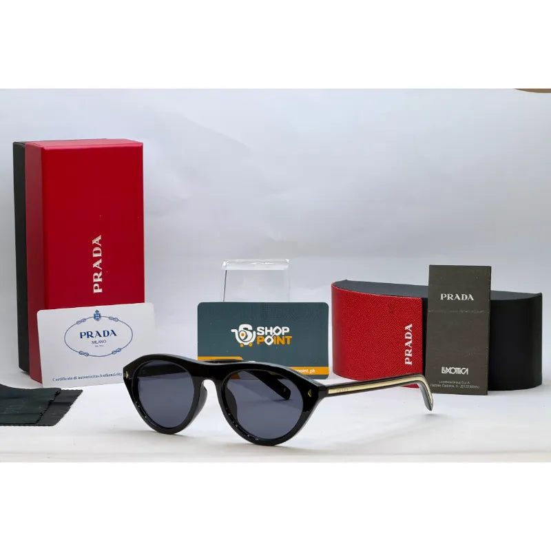 Prada Havana Oval Sunglasses with Iconic Metal Plaque for women featuring smoke grey lenses