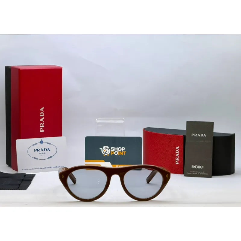 Prada Havana Round Sunglasses with Iconic Metal Plaque for women featuring smoke grey lenses